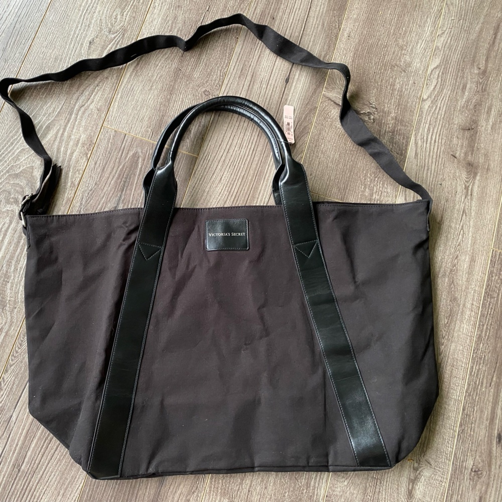 NWT Victoria’s Secret large black canvas tote bag faux leather straps zippered